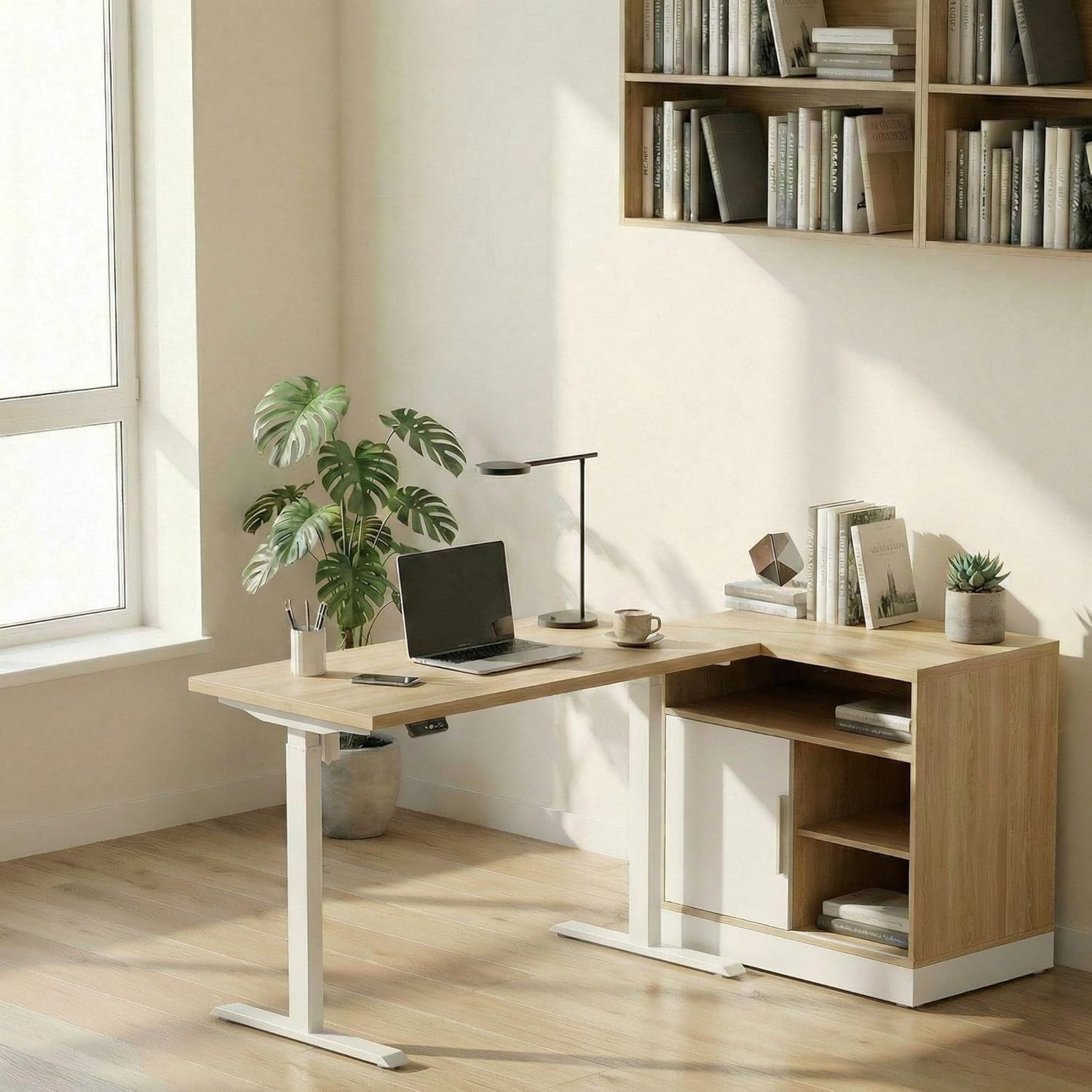 Credenza Office Storage - 電動昇降式スタンディングデスク（収納キャビネット付き）、高さ調節可能なエグゼクティブデスク（クレデンツァ付き）、ホームオフィス、カスタマイズ可能