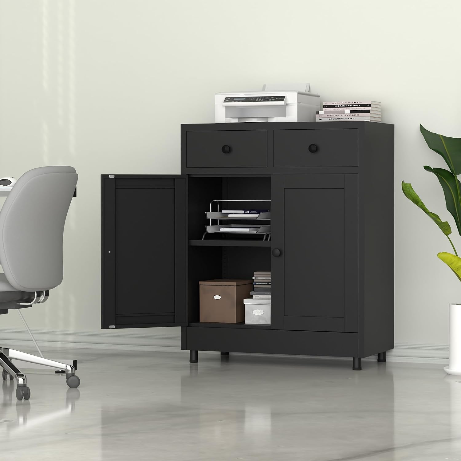 引き出し付き金属製収納キャビネット、調節可能な棚付きサイドボ - Credenza Office Storage のレビューと価格