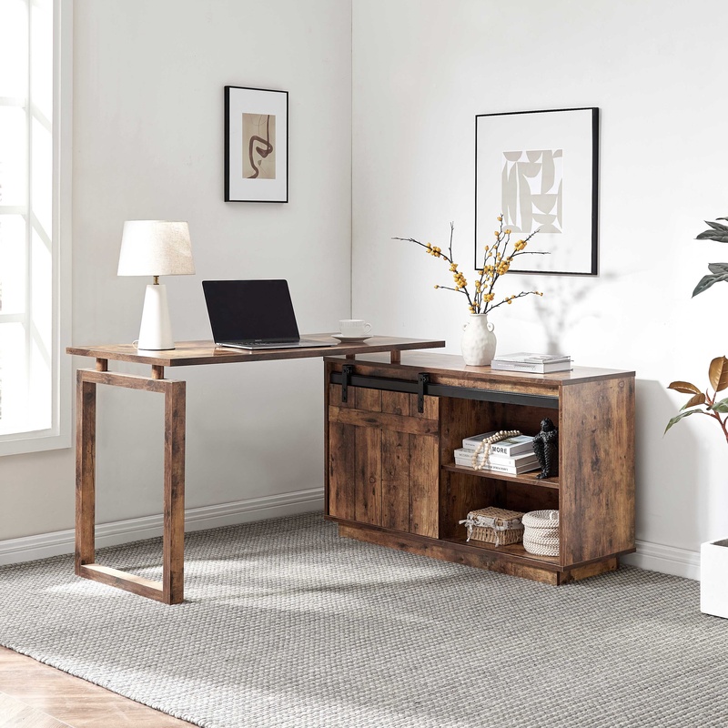 L字型デスク、クレデンザ収納付き、スライド式納屋戸、リバーシ - Credenza Office Storage のレビューと価格